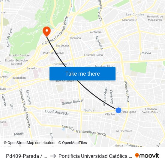 Pd409-Parada / Plaza Los Guindos to Pontificia Universidad Católica De Chile - Campus Lo Contador map