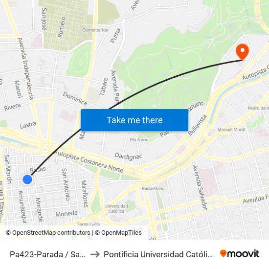 Pa423-Parada / Santo Domingo - Teatinos to Pontificia Universidad Católica De Chile - Campus Lo Contador map