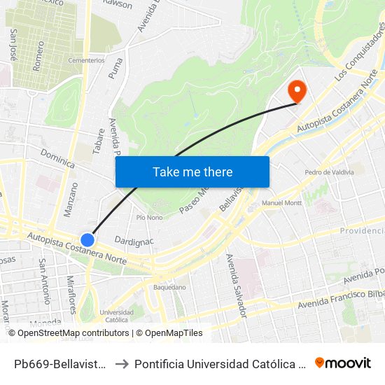 Pb669-Bellavista / Esq. Patronato to Pontificia Universidad Católica De Chile - Campus Lo Contador map
