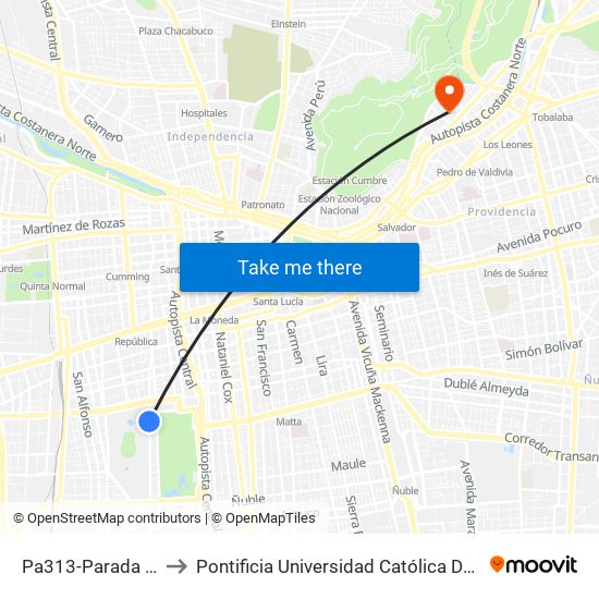 Pa313-Parada / Fantasilandia to Pontificia Universidad Católica De Chile - Campus Lo Contador map