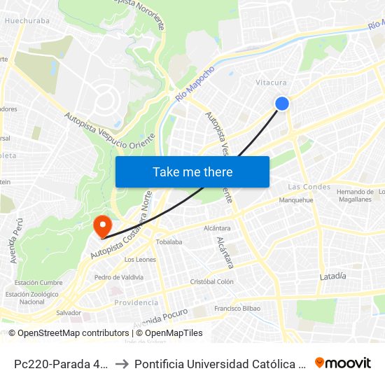 Pc220-Parada 4 / Clínica Alemana to Pontificia Universidad Católica De Chile - Campus Lo Contador map