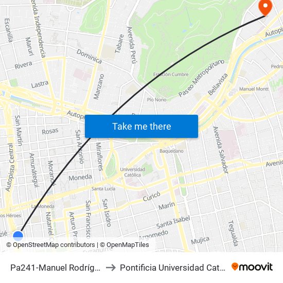 Pa241-Manuel Rodríguez / Esq. Padre M. De Olivares to Pontificia Universidad Católica De Chile - Campus Lo Contador map