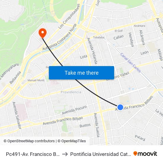 Pc491-Av. Francisco Bilbao / Esq. Hernando De Aguirre to Pontificia Universidad Católica De Chile - Campus Lo Contador map