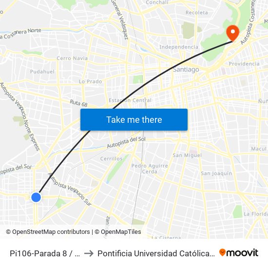 Pi106-Parada 8 / (M) Plaza De Maipú to Pontificia Universidad Católica De Chile - Campus Lo Contador map