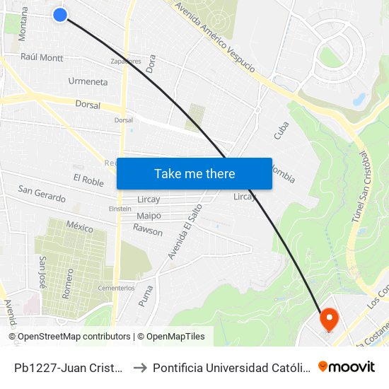 Pb1227-Juan Cristóbal / Esq. Av. Zapadores to Pontificia Universidad Católica De Chile - Campus Lo Contador map