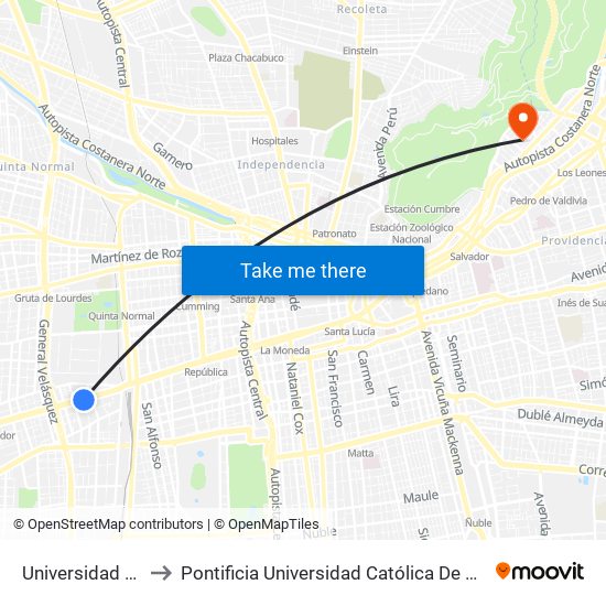 Universidad De Santiago to Pontificia Universidad Católica De Chile - Campus Lo Contador map