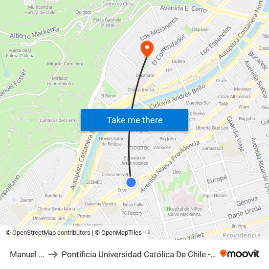 Manuel Montt to Pontificia Universidad Católica De Chile - Campus Lo Contador map
