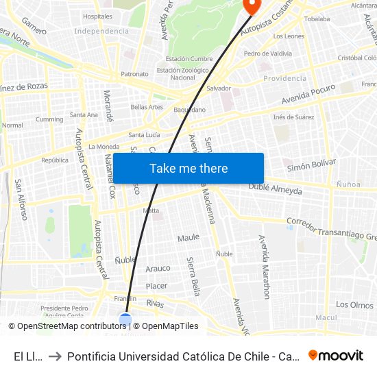 El Llano to Pontificia Universidad Católica De Chile - Campus Lo Contador map
