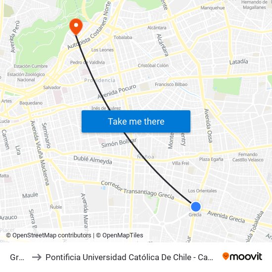 Grecia to Pontificia Universidad Católica De Chile - Campus Lo Contador map