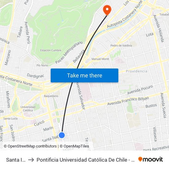 Santa Isabel to Pontificia Universidad Católica De Chile - Campus Lo Contador map