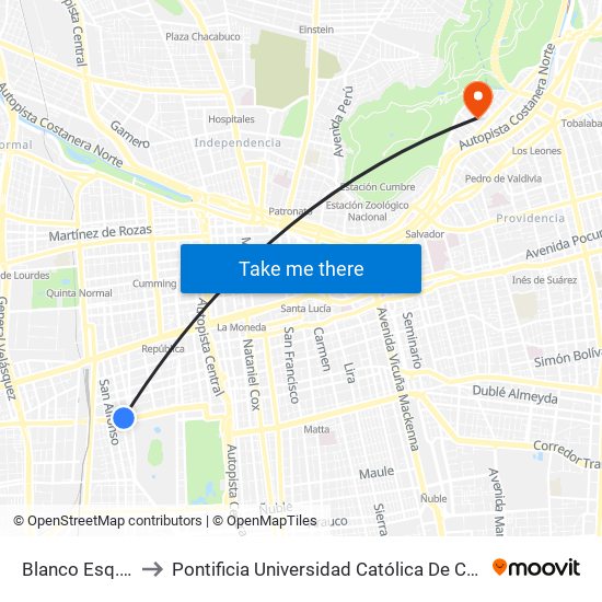 Blanco Esq. Bascuñán to Pontificia Universidad Católica De Chile - Campus Lo Contador map
