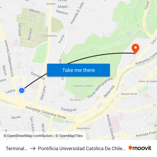 Terminal La Paz to Pontificia Universidad Católica De Chile - Campus Lo Contador map