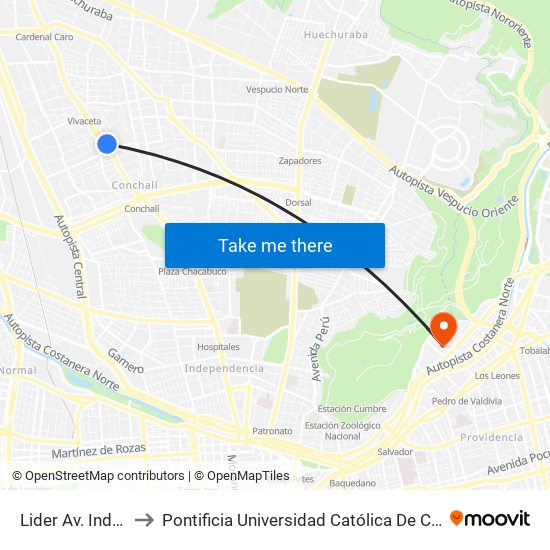 Lider Av. Independencia to Pontificia Universidad Católica De Chile - Campus Lo Contador map