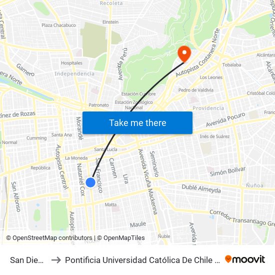 San Diego, 648 to Pontificia Universidad Católica De Chile - Campus Lo Contador map