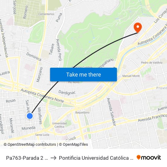 Pa763-Parada 2 / Teatro Municipal to Pontificia Universidad Católica De Chile - Campus Lo Contador map