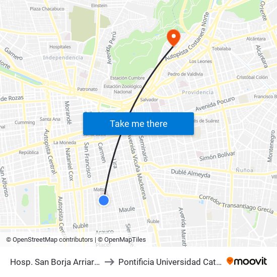 Hosp. San Borja Arriarán (Victoria Esq. Víctor Manuel) to Pontificia Universidad Católica De Chile - Campus Lo Contador map