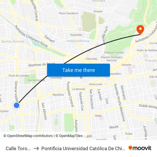 Calle Toro Mazotte to Pontificia Universidad Católica De Chile - Campus Lo Contador map