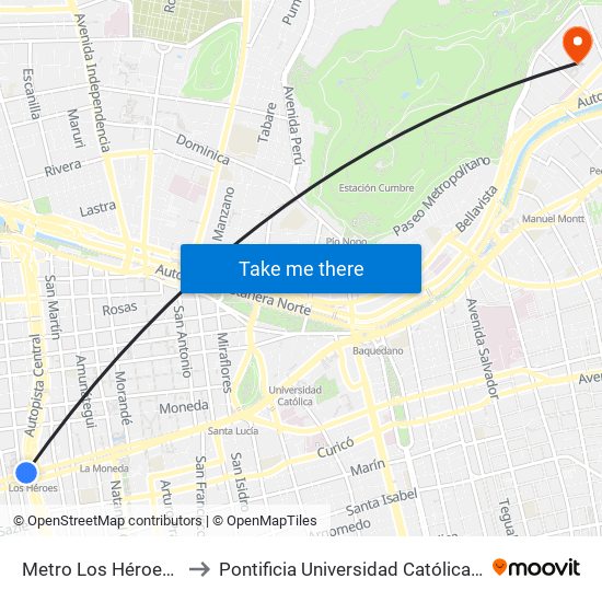 Metro Los Héroes (Plazoleta Central) to Pontificia Universidad Católica De Chile - Campus Lo Contador map