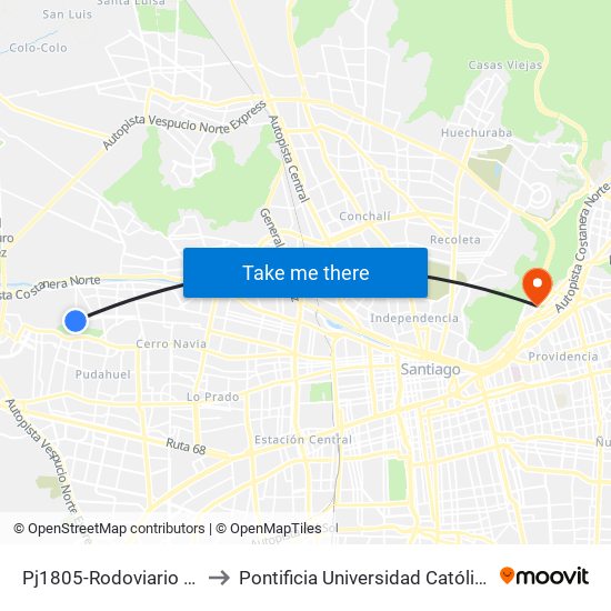 Pj1805-Rodoviario / Esq. Federico Errázuriz to Pontificia Universidad Católica De Chile - Campus Lo Contador map