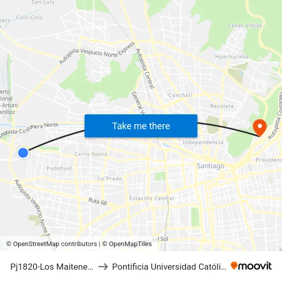 Pj1820-Los Maitenes / Esq. Bvard.Aeropuerto to Pontificia Universidad Católica De Chile - Campus Lo Contador map