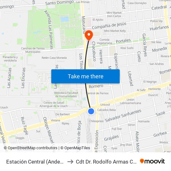 Estación Central (Anden1) to Cdt Dr. Rodolfo Armas Cruz map