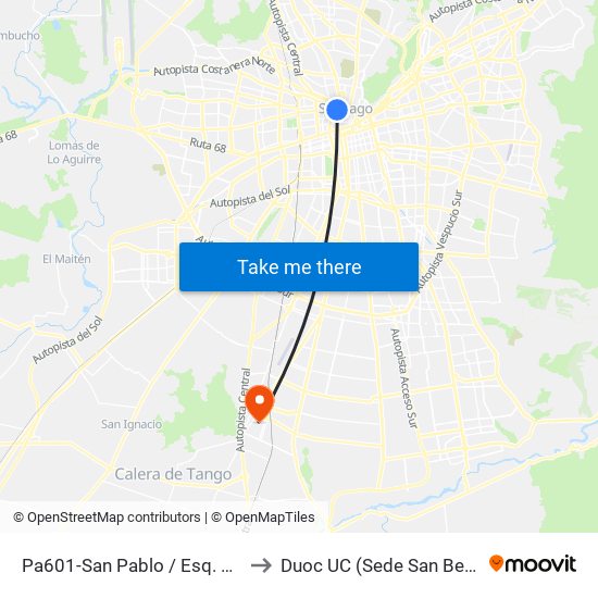 Pa601-San Pablo / Esq. Teatinos to Duoc UC (Sede San Bernardo) map