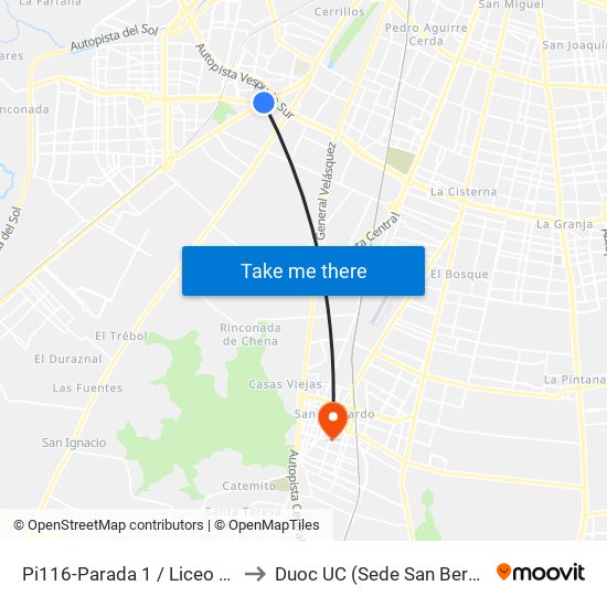 Pi116-Parada 1 / Liceo Maipú to Duoc UC (Sede San Bernardo) map