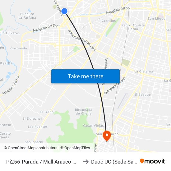 Pi256-Parada / Mall Arauco Maipú - Santa Elena to Duoc UC (Sede San Bernardo) map