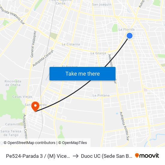 Pe524-Parada 3 / (M) Vicente Valdés to Duoc UC (Sede San Bernardo) map