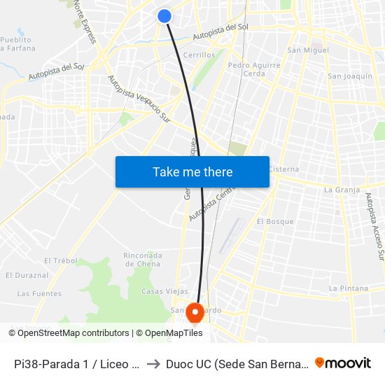 Pi38-Parada 1 / Liceo A70 to Duoc UC (Sede San Bernardo) map