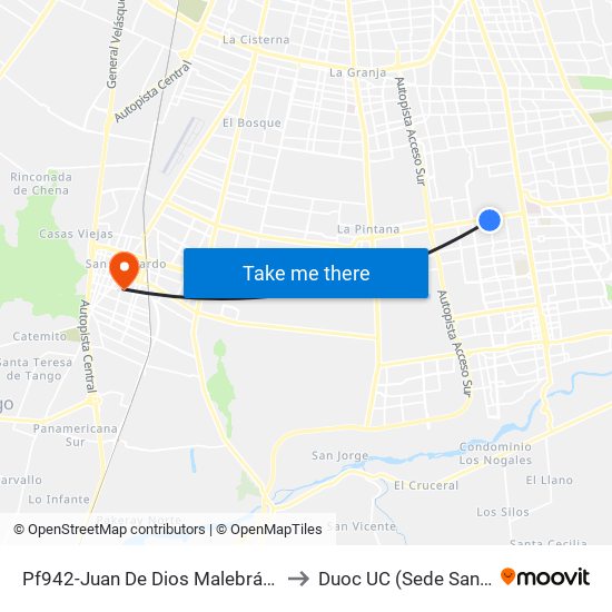 Pf942-Juan De Dios Malebrán / Esq. Llantén to Duoc UC (Sede San Bernardo) map