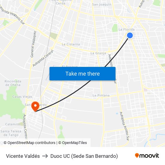 Vicente Valdés to Duoc UC (Sede San Bernardo) map