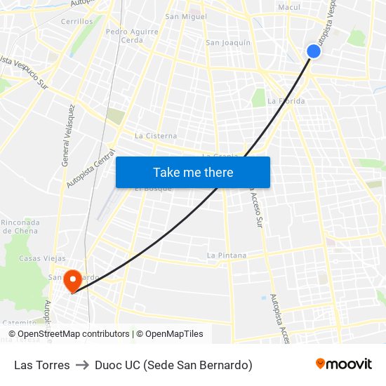 Las Torres to Duoc UC (Sede San Bernardo) map