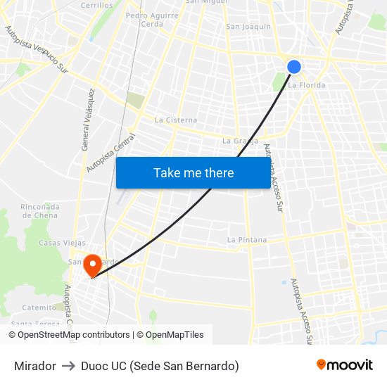 Mirador to Duoc UC (Sede San Bernardo) map