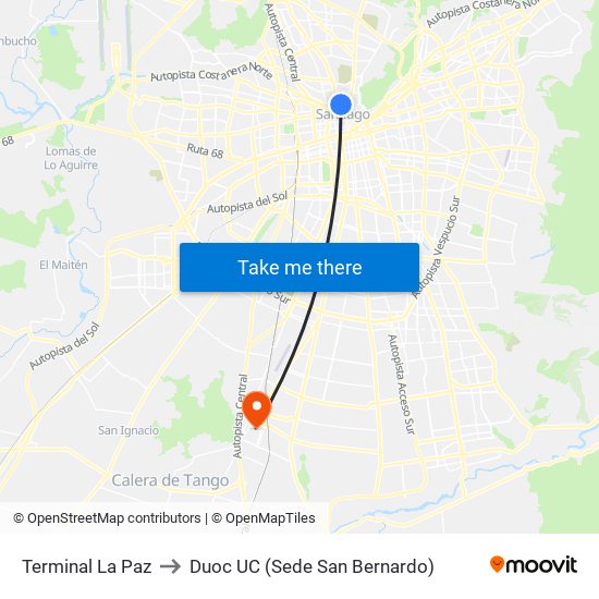 Terminal La Paz to Duoc UC (Sede San Bernardo) map