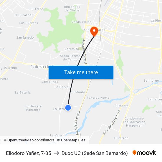 Eliodoro Yañez, 7-35 to Duoc UC (Sede San Bernardo) map