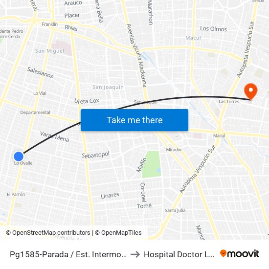 Pg1585-Parada / Est. Intermodal Lo Ovalle to Hospital Doctor Luis Tisné map