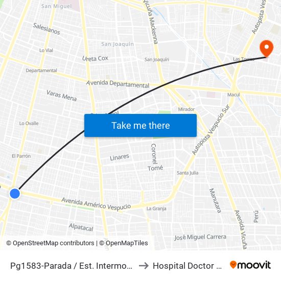 Pg1583-Parada / Est. Intermodal La Cisterna to Hospital Doctor Luis Tisné map