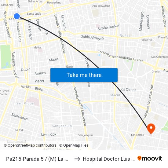 Pa215-Parada 5 / (M) La Moneda to Hospital Doctor Luis Tisné map