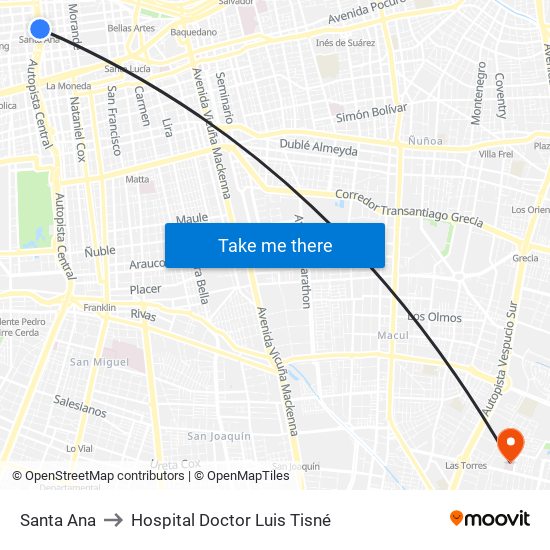 Santa Ana to Hospital Doctor Luis Tisné map