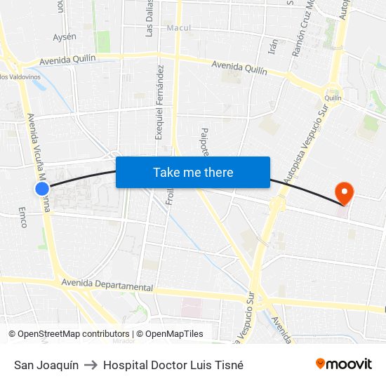 San Joaquín to Hospital Doctor Luis Tisné map