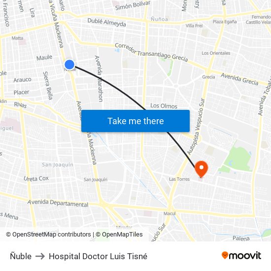 Ñuble to Hospital Doctor Luis Tisné map