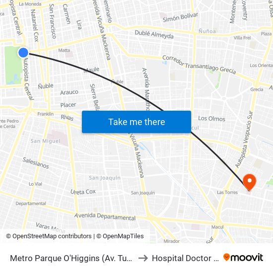 Metro Parque O'Higgins (Av. Tupper Esq. Av. Viel) to Hospital Doctor Luis Tisné map