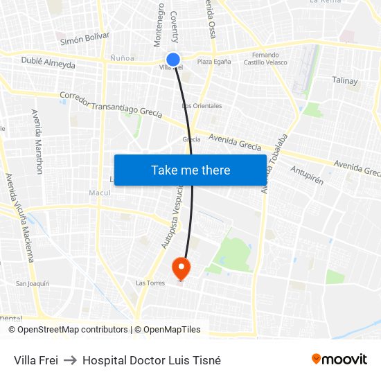 Villa Frei to Hospital Doctor Luis Tisné map