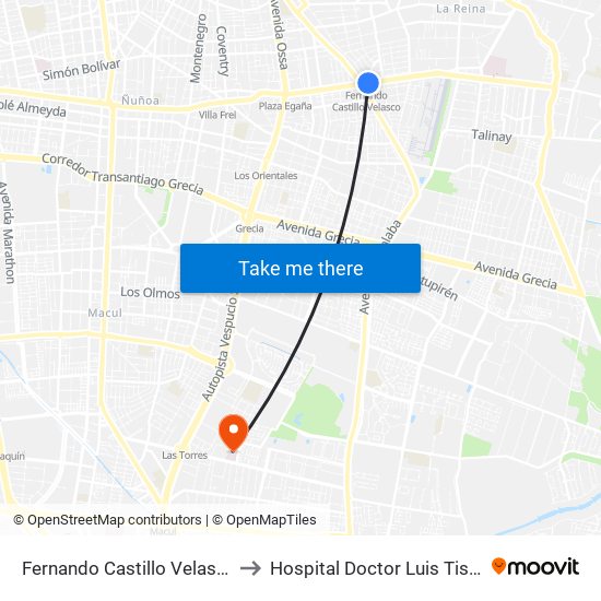 Fernando Castillo Velasco to Hospital Doctor Luis Tisné map