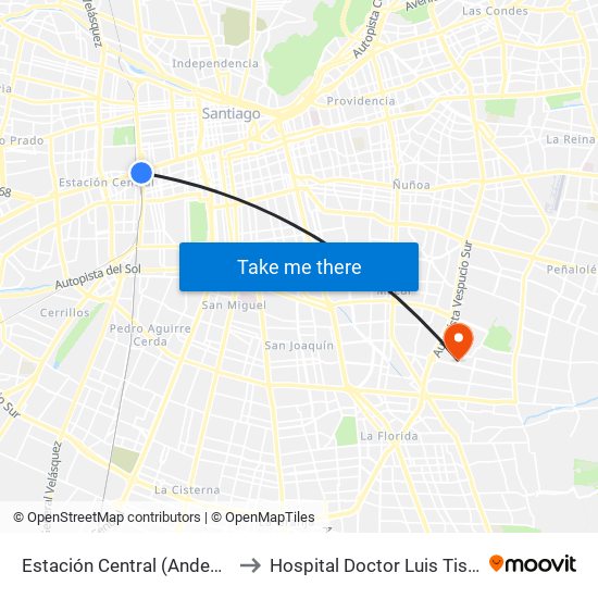 Estación Central (Anden1) to Hospital Doctor Luis Tisné map