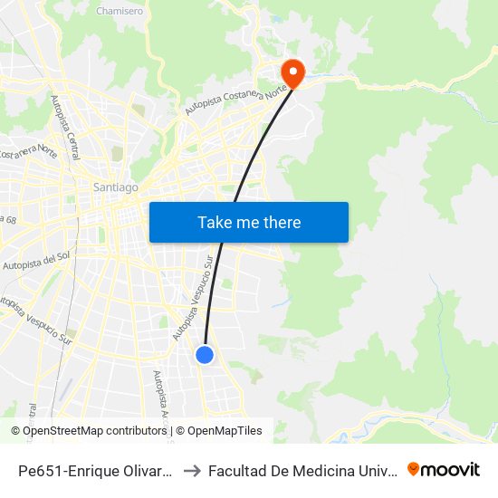 Pe651-Enrique Olivares / Esq. Colombia to Facultad De Medicina Universidad Del Desarrollo map