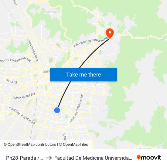 Ph28-Parada / Infocap to Facultad De Medicina Universidad Del Desarrollo map