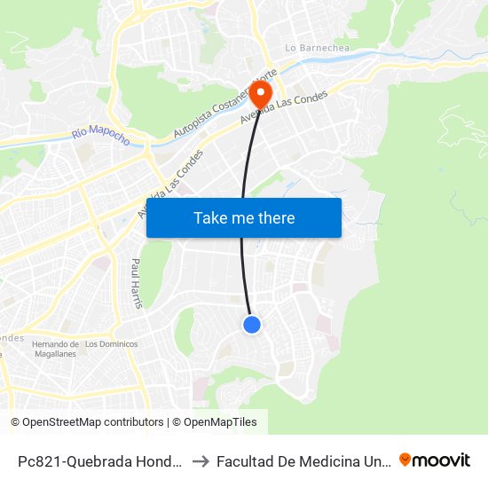 Pc821-Quebrada Honda / Esq. Camino Otoñal to Facultad De Medicina Universidad Del Desarrollo map