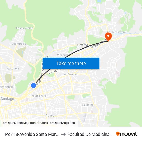 Pc318-Avenida Santa María / Esq. Av. Pedro De Valdivia to Facultad De Medicina Universidad Del Desarrollo map